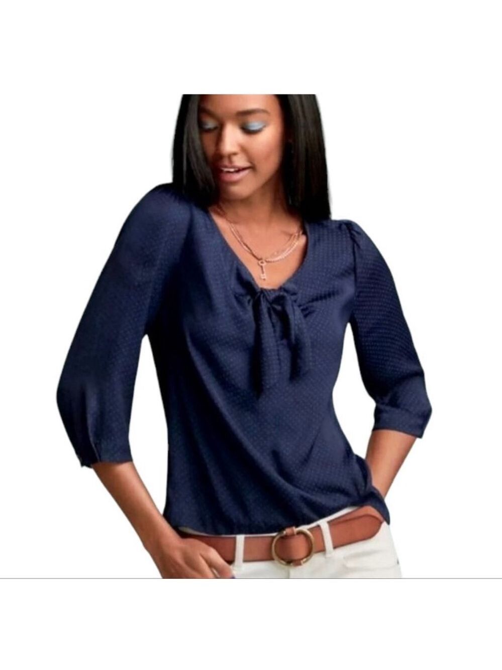 CABI Blue Swiss Dot Faux Tie Neck Blouse Size Medium